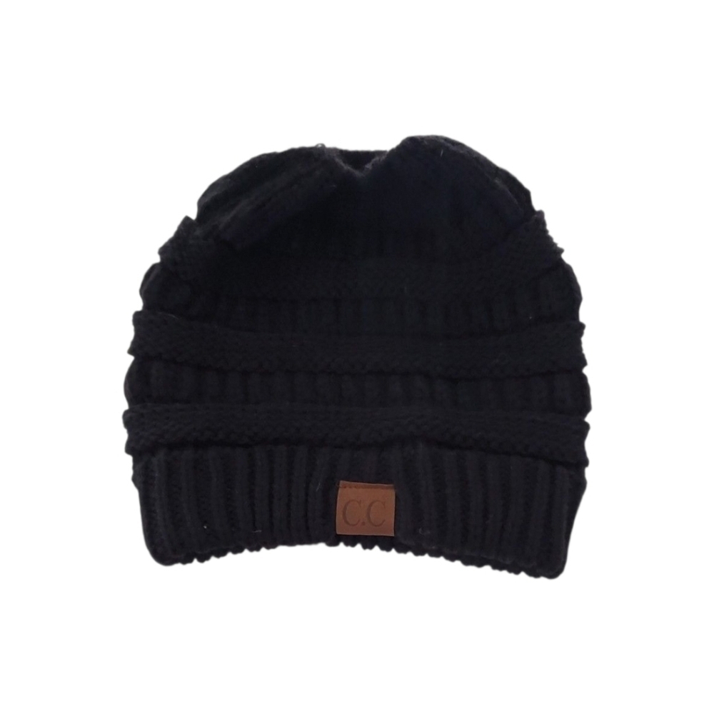 C.C Exclusives Womens Beanie Tail Black Messy Bun Cable Knit Hat One Size NWOT